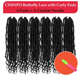 CISINPO Butterfly Locs with Curly End 22 Inch, 6 Packs Boho Distressed Locs Crochet Hair, Bohemian Goddess Faux Butterfly Braids with Wavy Ends (1#, Jet Black)