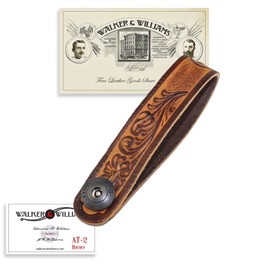 Walker & Williams AT-2 Brown Carving Leather Acoustic Guitar Strap Button Headstock Adaptor For Acoustic, Electric, And Bass Guitars