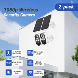 FineLuck Solar Security Cameras Wireless Outdoor 2 Pack, Battery Powered WiFi Cameras for Home Surveillance, AI Human Detection, 2-Way Talk, Color Night Vision, Cloud Storage, Weather Resistance