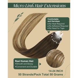 Ugeat Brown Micro Ring Hair Extensions Dark Roots Balayage Micro Beads Hair Extensions Remy Human Hair Dark Brown Mix Light Blonde Ombre 16 Inch 50G/50S #4/6/613