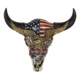 Ebros Gift Rustic Western Patriotic Bull Cow Steer Head Skull with USA American Flag Golden Bald Eagle and Marine Banner Wall Decor Plaque Figurine As Bisons Steers Cows Country Accent