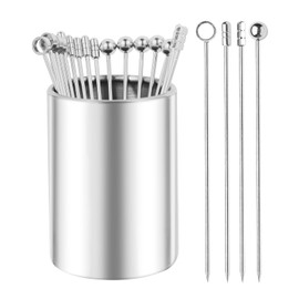 4.3" Metal Cocktail Picks 20Pack+Holder Kit,304 Stainless Steel Cocktail Toothpicks, Reusable Cocktail Skewers, Garnish Picks Bloody Mary Skewers, Metal Martini Picks for Olives Appetizers Fruit