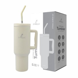 SYNQLE 40 oz Tumbler with Handle and Straw, Insulated Stainless Steel Travel Mug Reusable Cup Holder Friendly Water Bottle for Hot Cold Drink | 100% Leak Proof 2-in-1 Lid | Gifts for Women Men | Cream