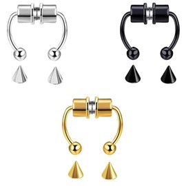 GXGM Magnetic Separator Nose Ring Stainless Steel Nose Ring Horseshoe Ring Artificial Nose Ring Reusable Pack of 3 (Nose Ring Steel + Black + Gold Each), Nose Ring Piercing, a