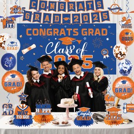 2025 Graduation Decorations-Class of 2025 Decorations Set with Congrats Grad Backdrop,Banner,Honeycomb Centerpiece and Balloons for Blue Orange Graduation Party Supplies