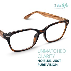 2SeeLife Tortoise Wood Tone Stylish Reading Glasses – Rectangular Premium Solid & Sturdy Readers for Men & Women with Spring Hinges and Scratch-Resistant Lenses, Strength 1.00