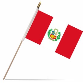 NJ & NJBW 20 Pack Small Mini Peru Flag on Wooden Stick - 5 x 8inch Miniature Portable Handheld Pole Peruvian Flags Decorations
