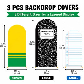 3PCS Back to School Arch Composition Backdrop Cover 4ft 5ft 6ft Round Top Arch Backdrop Stand Cover Crayon Box Background Composition Notebook Party Decors for End of the Year Classroom Decor