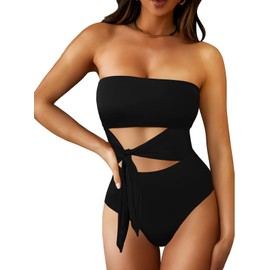 Pink Queen Women's Bandeau One Piece Swimsuit Removable Strap Cutout High Waist Bathing Suit Monokini Black L