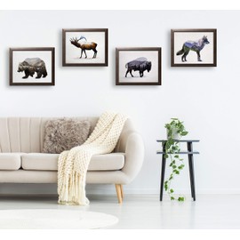 Rustic Double Exposure Elk, Bison, Wolf and Bear Landscape Set; Cabin Lodge Decor; Four 10x8in Brown Framed Prints; Ready to Hang!