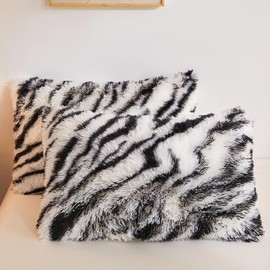 LIFEREVO 2 Pack Zebra Print Black and White Shaggy Plush Faux Fur Pillow Shams 20"x26" Pillow Cases Fluffy Decorative Pillowcases Zipper Closure,No Pillow Insert (Zebra Print Black, Standard)