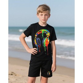 Momkonzz Kids Boys Summer Clothes for Teen Shorts And Graphic T Shirts Short Sleeve Sets With Pockets Size 7-14T (Black, 7-8T)
