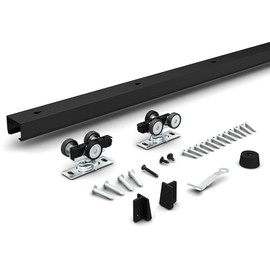 JUBEST 8FT Pocket Door Kit, Commercial Grade Sliding Pocket Door Hardware Kit, Aluminum Box Track 92.75", for Door 24"~48" Wide, Black Pocket Door Hardware,Easy to Install