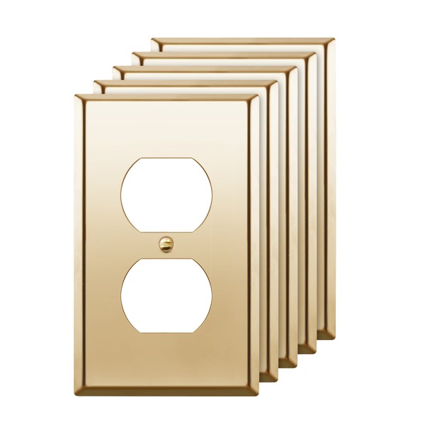 ENERLITES Duplex Receptacle Outlet Metal Wall Plate, Stainless Steel 201 Outlet Cover, Corrosion Resistant, Size 1-Gang 4.50" x 2.76", UL Listed, 7721-PB-5PCS, Polished Brass, Gold, 5 pack