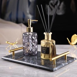 Moreast Black Real Marble Tray with Golden Handle, Natural Stone Decorative Tray with Metal Handle for Bathroom Kitchen Vanity Dresser Nightstand Desk, 11.8" x 7.9" Black