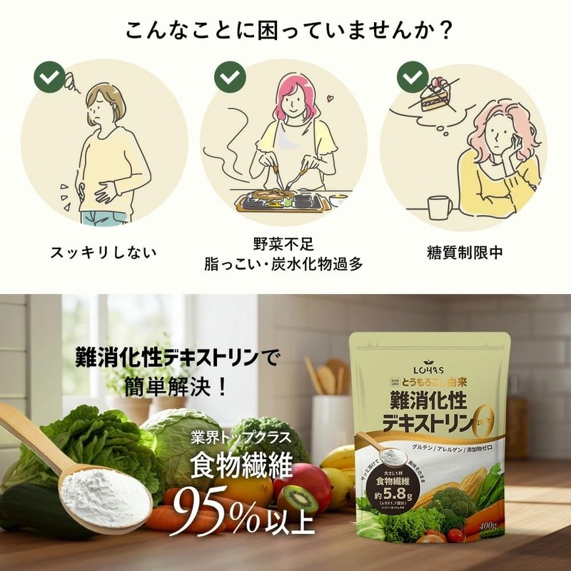 ロハス 食物繊維 難消化性デキストリン 400g とうもろこし由来 水溶性食物繊維 無添加 粉末 パウダー 腸活