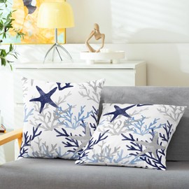 CaliTime Throw Pillow Cases Pack of 2 Cozy Fleece Starfish Sea Coral Tree Decorative Cushion Covers for Couch Bed Sofa Farmhouse Decoration 18 X 18 Inches Navy Blue Grey