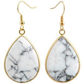 mookaitedecor White Howlite Turquoise Stone Dangle Drop Earrings for Women, White Stone Earrings Gold Plated Earrings Healing Crystal Earrings Teardrop Water Drop Earrings Oval Earrings