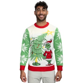 Dr. Seuss Grinch As Santa Next to Tree Off-White Ugly Christmas Sweater Long Sleeve (Adult Large)
