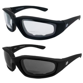 Birdz Eyewear Oriole Bifocal Safety Glasses 2 Pairs Padded Black Frame Clear Smoke Lenses +2.0 Magnification