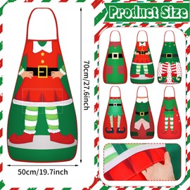 LOYIM 6 Pcs Vintage Christmas Kitchen Apron with Pocket Elf Santa Claus Snowman Xmas Cooking Apron for Women Men(Elf Color)