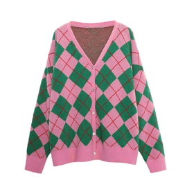 Hyipels Women's Long Sleeve Cardigan Sweater,Cute Y2K Top Knit Colorful Patterned V Neck Button Outwear S~XL