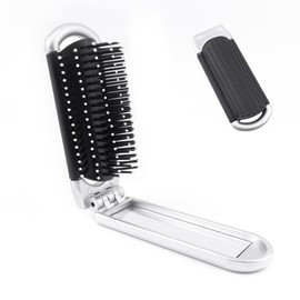 BlingKingdom Folding Hair Brush With Mirror, Small Compact Travel Portable Pocket Size Comb With Soft Bristles Styling Foldable Hairbrush for Travelling Swimming Gym Bag