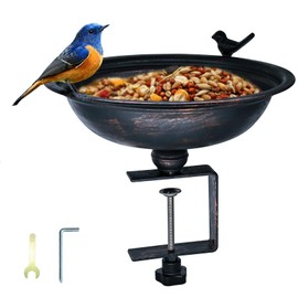 Hongshifu 12in Deck-Mounted Vintage Bird Bath with Adjustable Steel Clamp - Lightweight Detachable Metal Bowl for Railing, Balcony, Yard and Garden - Rustproof and Easy to Clean