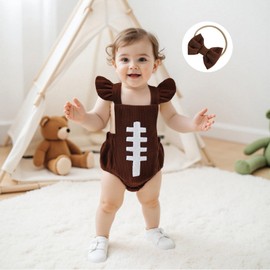 Summffie Newborn Baby Girl Football Outfit Ruffle Sleeveless Rugby Embroidery Romper Corduroy Bodysuit Game Day Clothes (Coffee, 12-18 Months)