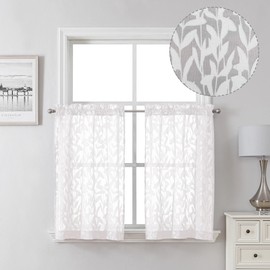 Lecloud Leia 36 Inch White Sheer Curtains Tiers 2 Pieces, Airy & Breathable Jacquard Texture Kitchen/Bedroom/Livng Room Curtain Small Window, Farmhouse Leaves Voile Drapes Dual Rod Pocket, 38W x 36L