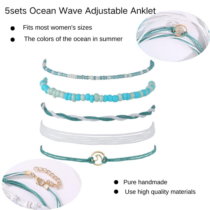 Aluinn 5sets Ocean Wave Anklet Adjustable Waterproof Summer Bohemian Anklets