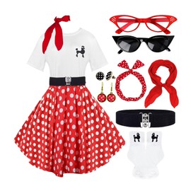 10Pcs Sock Hop Outfits Costume Women, 1950s Poodle Skirts, Poodle T-Shirt with 50s Accessories Set Scarf Headband Belt Socks Eyeglasses Earrings (RedDots-L)