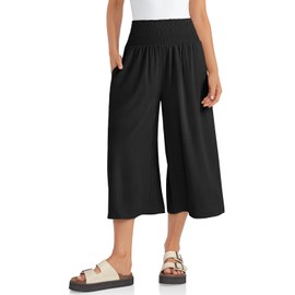 TARSE Womens Linen Capri Pants Summer Elastic High Waist Palazzo Wide Leg Trousers with Pockets Casual Loose Flowy Pants Black S