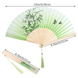 Bantoye 2 Pieces Handheld Fans Silk Folding with Frames for Dancing Cosplay Wedding Party Props Decoration, Brown Green, Floral