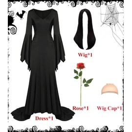 ZFQI Adult Black Gothic Dress for addams Costume Women Family Party Cute Soft Goth Dress with Wig Flower Accessories ZF028M