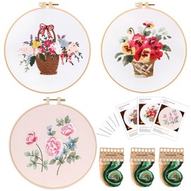 Traziewell Embroidery Stitch Practice Kit 3 Sets of Cross Stitch Kits for Adults Beginners with Pattern Including Cloth Colored Threads Hoops and Instructions Flower Basket 1926