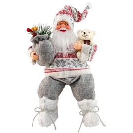 35CM Christmas Grey Plaid Father Christmas Sitting Ornament,Traditional Christmas Decorations Indoor,Traditional Santa Claus Figure,Holiday Home Ornament Decoration,Sitting Father Christmas