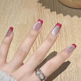 Red French Tips Press on Nails Medium Square Fake Nails Shiny Glitter Acrylic Glue on Nails with Cat Eye, French Tip Nails Press ons Glossy False Nails for Women Girls Manicure 24Pcs