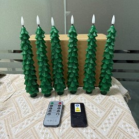 Lezonic 6 Pcs Christmas Tree Candles with Remote Timer, Flameless Taper Candles LED Flickering Flame, 10 Inches Green Real Wax Window Candlesticks for New Year Xmas Decorations
