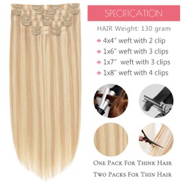 Loxxy Invisible Clip in Hair Extensions Human Hair Silky Straight Light Golden Brown Mixed With Platinum Blonde Thick Seamless Real Hair Extensions Clip in Human Hair 130g 7Pcs 16Inch P12/60A