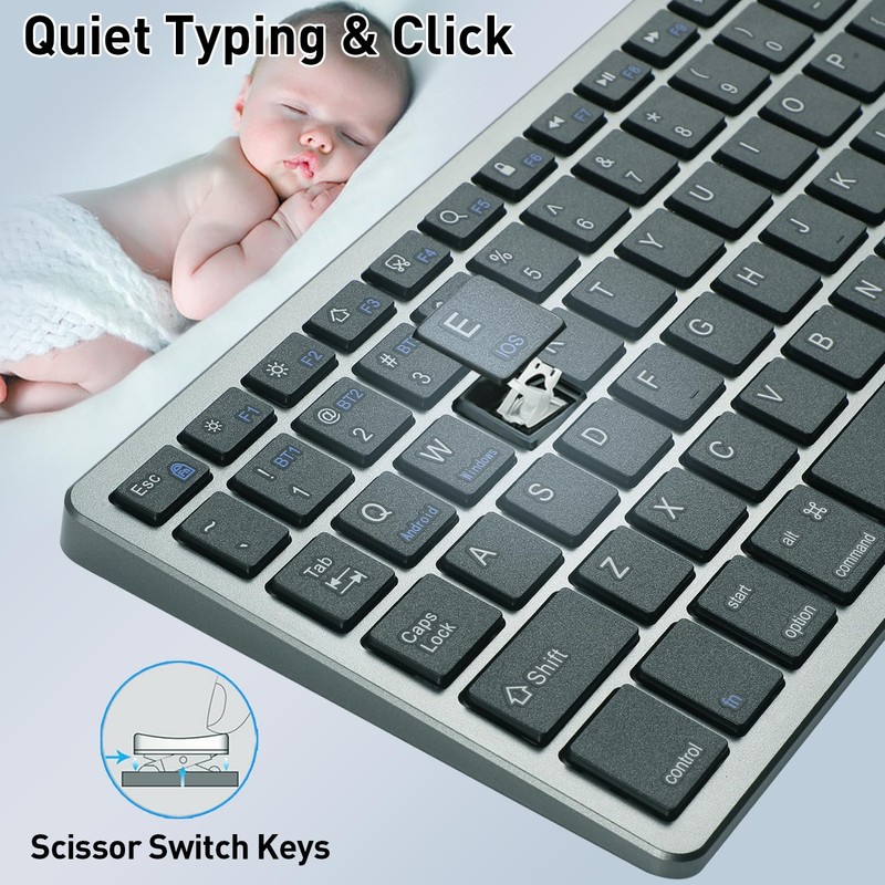 KUNSI Wireless Keyboard,Bluetooth and 2.4G USB Wireless Keyboard,Rechargeable Slim Quiet