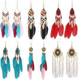 Vspek 6 Pairs Bohemian Feather Earrings, Women's Bohemian Fringe Feather Earrings Set, Women's Ethnic Long Colourful Feather Fringe Earrings for Christmas, Valentine's Day, Mother's Day, Birthday