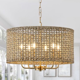 Giutna 20" Rattan Hand-Woven Boho Chandelier for Dining Room, 6-Light Rattan Drum Wicker Farmhouse Chandelier Large Vintage Chandelier Pendant Light Fixture for Kitchen Island Entryway(Gold)