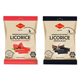 Halva European Style Licorice - Finnish Sweet and Soft Eating Licorice - 7 Ounce Bag - Pack of 2 (1 Black / 1 Strawberry)