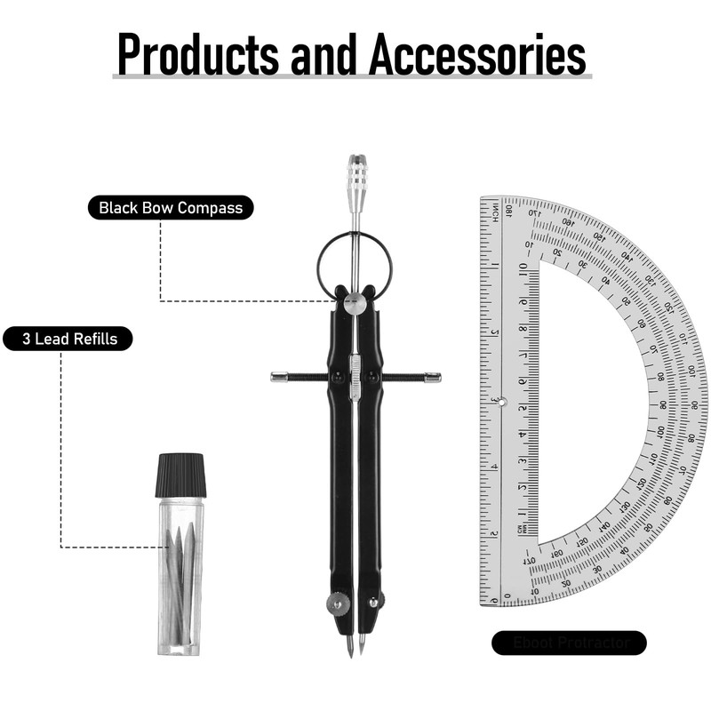 EBOOT Student Geometry Math Set, Metal Drawing Compass and 6