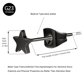 FACOKO Women Earrings, Titanium Star Earrings for Sensitive Ears, Classic Hypoallergenic Non-Nickel Flat Earrings Studs, 4mm Black Studs Earrings Men