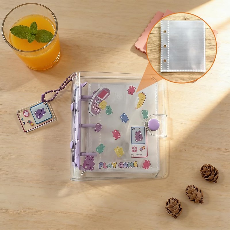 KUAIDHFK Sticker Notebook, A8, Transparent, Mini 3-Hole Binder, Clear Seal