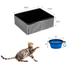 Pet Fit For Life Collapsible Portable Cat Litter Box (16"x12"x5") - Foldable and Packable Travel Litter Box for Cats - Includes Bonus Water Bowl - Black