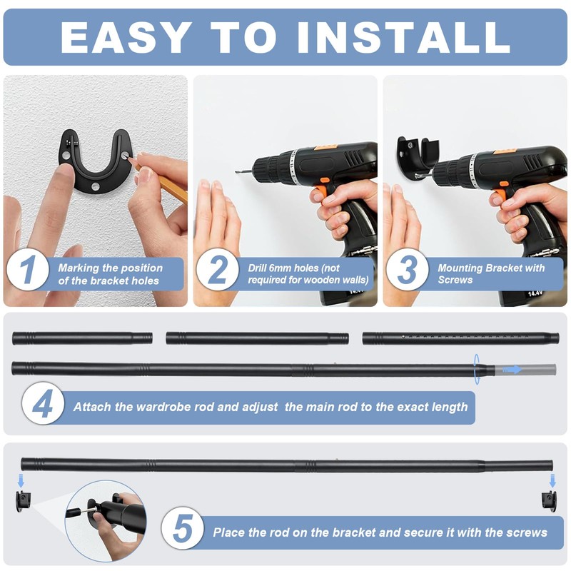 Closet Rods For Hanging Clothes,17-99 Inches Stepless Spring Adjustable Closet