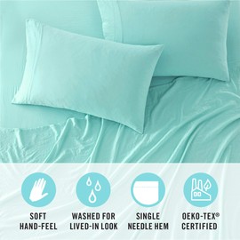 MARTHA STEWART Ultra Soft Brushed and Washed Microfiber 4 Piece Sheet Set, Easy Care, Comfy Bed Sheets with Deep Pocket up to 16", 1 Flat and 1 Fitted Sheet, 2 King Pillowcases, Cal King Size, Aqua